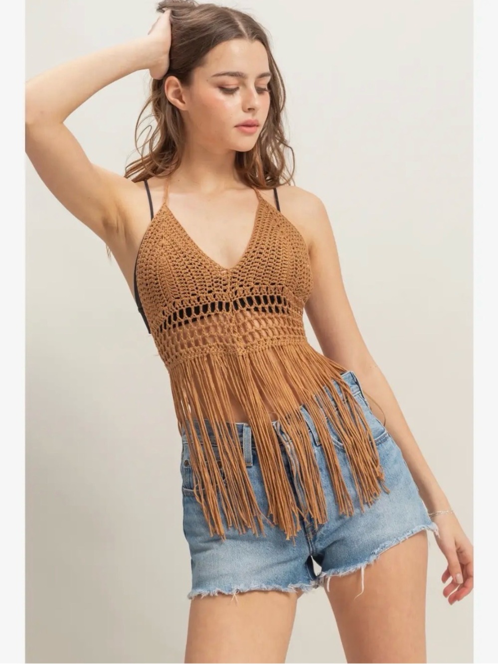 HYFVE Camel Brown Crochet Fringe Halter Top Boho Festival Beach Cover Up NEW - Picture 3 of 6